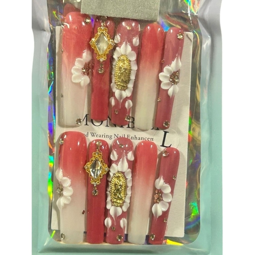 Pink Ombre Press On Gold Charm 3D Floral Long Coffin Luxury Vintage Glam Bridal